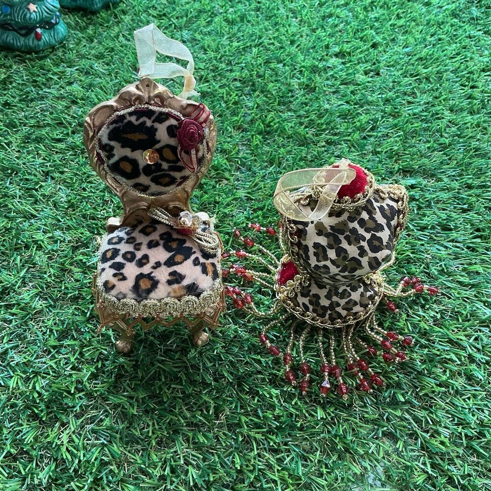 Leopard Print Chair Dress Form Christmas Ornaments Beaded Gold Red Lot 2